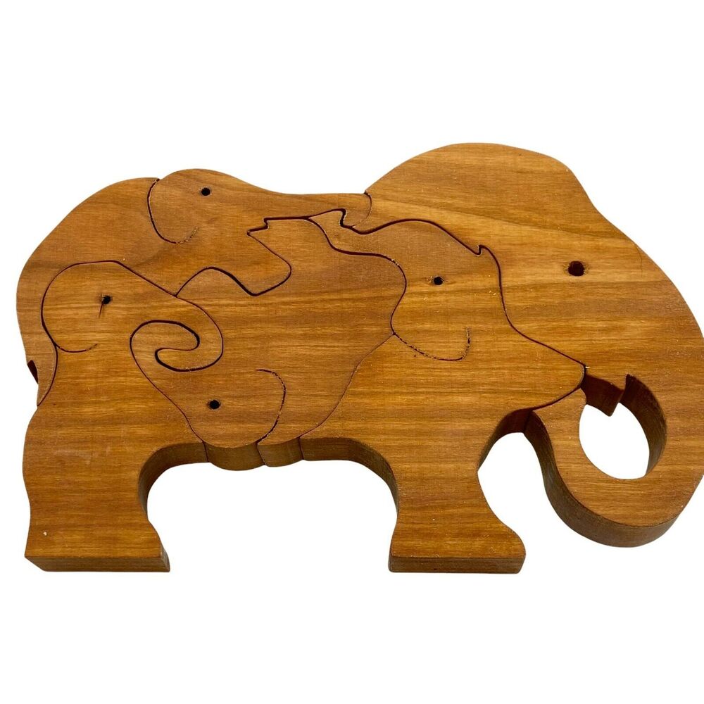 Elephant Animal Puzzle Handmade Brown Wooden Jigsaw For Academia Desk Office